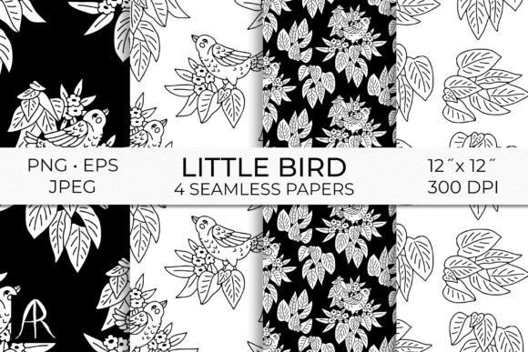 Black and White Birds Flowers Patterns