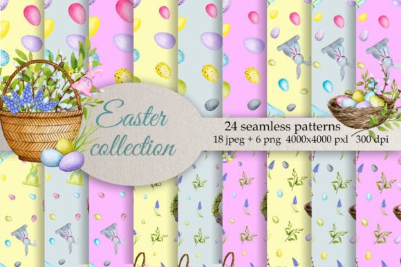 Easter Seamless Patterns. Watercolor PNG