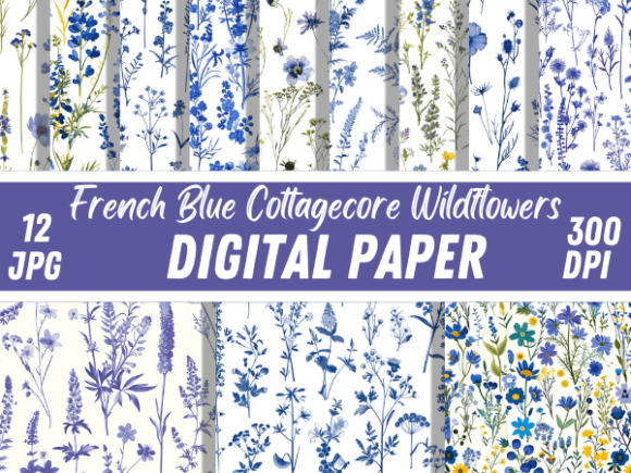 French Blue Garden Wildflowers Patterns