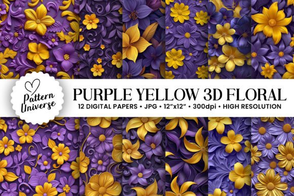 Purple Yellow 3D Flowers Patterns for Creative and Strategic Design Projects